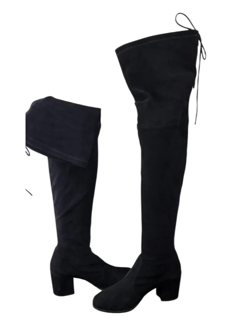 Stuart Weitzman Black Suede Over The Knee Tie Back Block Heel Boots 9 M